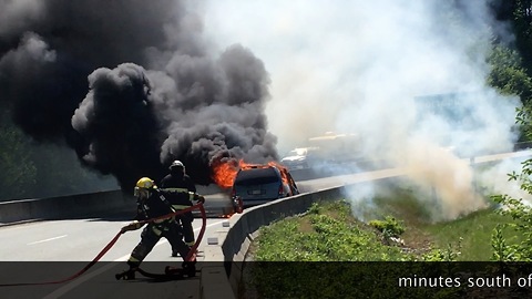 Car on fire causes major traffic jam