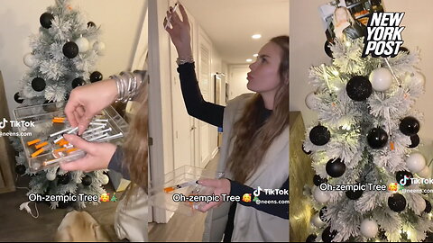 Wannabe skinny minis celebrate the holiday with an "Ozempic" tree — decked out in tinsel and type 2 diabetes needles