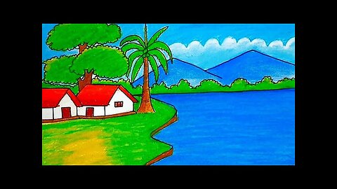 How to draw easy scenery drawing with oil pastel landscape Village scenery drawing step by step