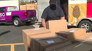 Frozen yogurt truck being used as a mobile food bank to serve Coloradans in need