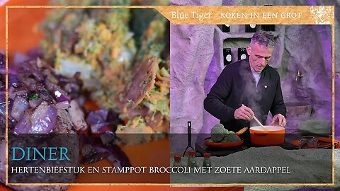 Diner uit de grot, hertenbiefstuk en stamppot broccoli met zoete aardappel