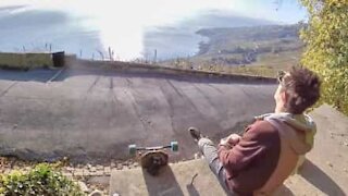 Freeboarding down the hill with a 360° view