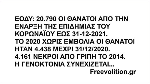 ΕΟΔΥ: 20.790 ΟΙ ΘΑΝΑΤΟΙ ΑΠΟ ΤΗΝ ΕΝΑΡΞΗ ΤΗΣ ΕΠΙΔΗΜΙΑΣ ΤΟΥ ΚΟΡΩΝΑΪΟΥ ΕΩΣ 31-12-2021. ΤΟ 2020 ΧΩΡΙΣ ΕΜΒΟΛΙΑ ΟΙ ΘΑΝΑΤΟΙ ΗΤΑΝ 4.438 ΜΕΧΡΙ 31/12/2020