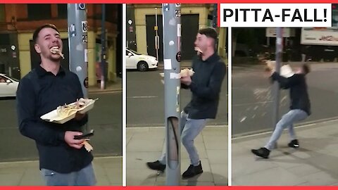 Drunk man drops kebab after leaning on lamppost