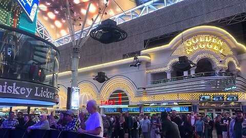 Tourist Stranded On The Slotzilla Zip Line On Fremont Street In Downtown Las Vegas