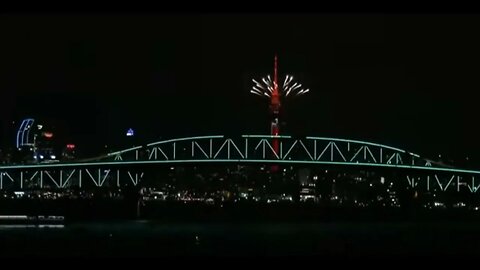 New Zealand welcomes 2023, light over Auckland Harbour Bridge, fireworks from the Auckland Sky Tower