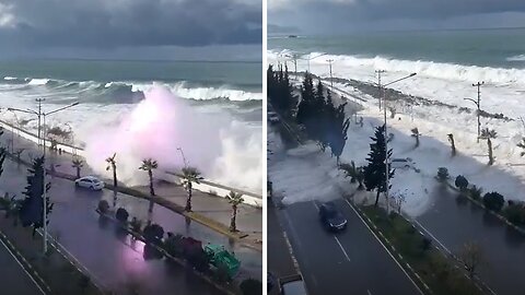 Huge wave hits street light, causing electricity on Tirebolu coastal road