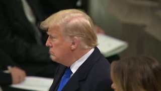President Trump arrives to Bush funeral, greets Obamas