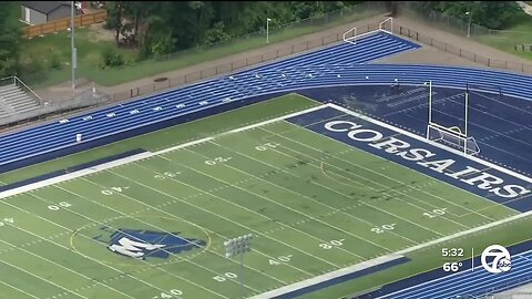 Football field damaged by flooding