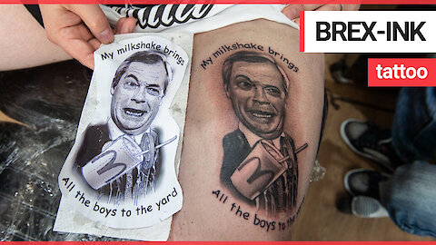 Dad marks his unusual political views with tattoo of Nigel Farage pelted with a milkshake