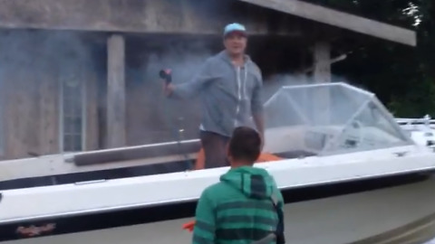 Guy Starts a Fire in a Boat with a Flare Gun