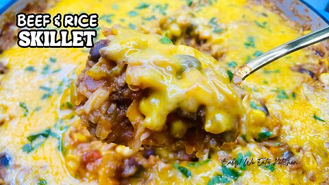 Delicious Irresistible Cheesy Beef & Rice Skillet Recipe