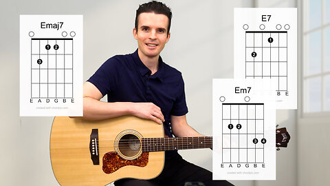 🎸 Guitar E7 chord Em7 chord Emaj7 chord (E seven, E minor 7, E major 7) Lesson with chord diagrams
