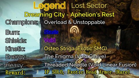 Destiny 2 Legend Lost Sector: Dreaming City - Aphelion's Rest 3-7-22