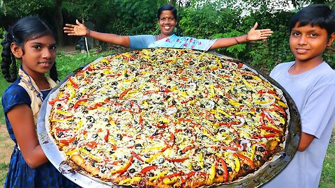 DOMINOS VEG PIZZA | Homemade Giant Pizza Recipe | Cheese Burst Pizza | Village Fun Cooking