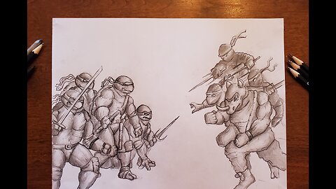 Drawing the Teenage Mutant Ninja Turtles battling.