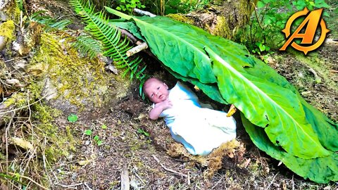 SURVIVAL BABY Builds Primitive Bushcraft Shelter in The Woods