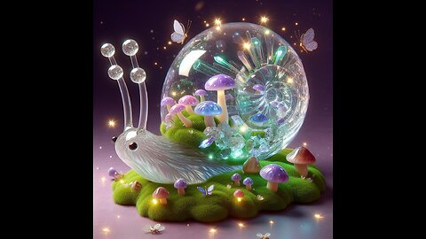 A whimsical transparent glass snail filled with mushrooms that glow in the dark.