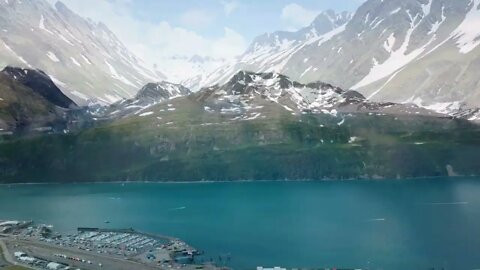 Drone flying over the mountains The beauty of winter mountains