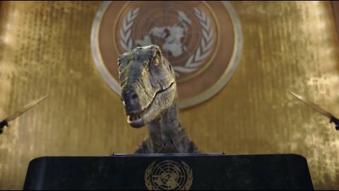 A dinosaur at the UN telling us to save the planet