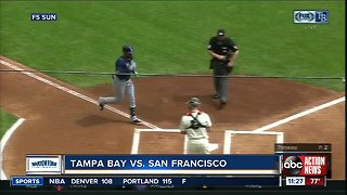Tampa Bay Rays reliever Adam Kolarek plays first base in 3-0 win over San Francisco Giants