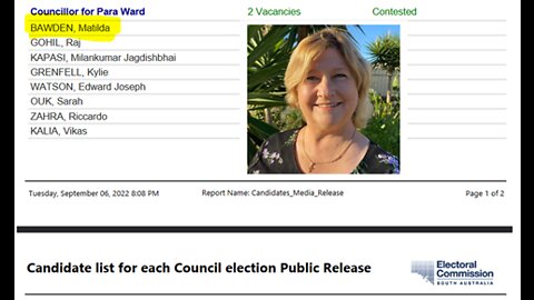 South Australia, 2022 Council Elections, Matilda Bawden, Para Ward, Salisbury Council