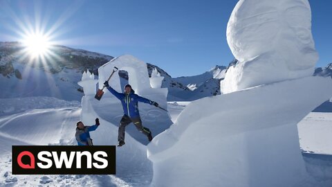 British sculptors use 100 TONNES OF SNOW to create tribute to Eddie 'The Eagle' Edwards' ski jump