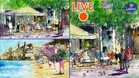 Live #18 - Paint a Beach Landscape (Cefalù, Sicily), and a Cafe Scene.