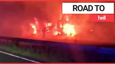 Three Lorries Engulfed In Flames on M40