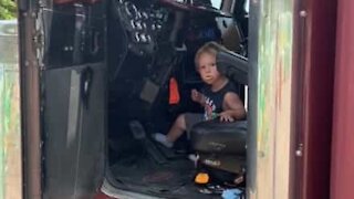 Dad catches 2-year-old son stepping on truck's gas pedal