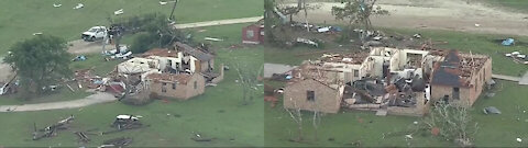 Aerial footage of tornado damage near Blum, Texas