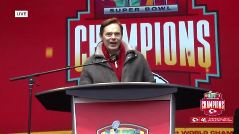 Chiefs president Mark Donovan delivers remarks at rally