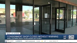 Consignment shop closes without warning, angry customers search for belongings or payments
