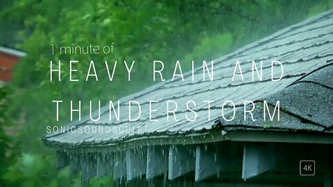 1 minute of relaxing heavy rain and thunderstorm sounds.