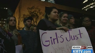 Protesters line Gene Leahy Mall