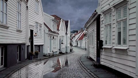Rainfall on the beautiful cobbled streets of Gamle Stavanger, Norway