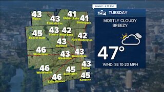 Breezy with highs in the upper 40s Tuesday