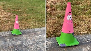 Construction worker finds cone painted like Patrick from SpongeBob
