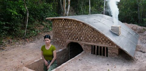 Amazing GIRL – building a DUGOUT Shelter with Fireplace from START to FINISH | Plastic roof & wood