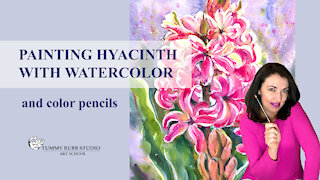 How to paint flowers: hyacinth with watercolor and color pencils