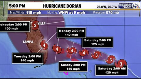Hurricane Dorian's winds grow to 115 mph, now a Category 3 storm, expected to hit Florida Tuesday as Category 4