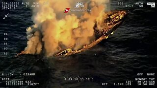Large burning yacht sinks below the surface in Mediterranean Sea