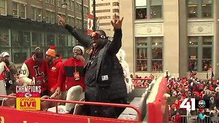 Chiefs defensive line celebrates during Chiefs Kingdom Champions Parade