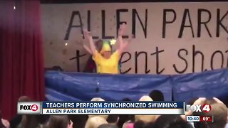 Teachers perform 'synchronized swimming' on stage