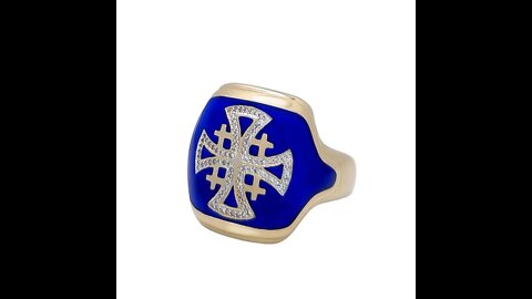 14K Gold Men’s Jerusalem Cross Signet Ring with 86 Diamonds and Blue Enamel
