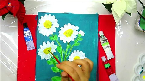 Acrylic Painting On Canvas Very Easy For Beginners, White Daisy Flowers Painting, Flowers Painting