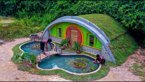 5Days Build Fish Pond With In front of Underground Roof Grass Hobbit House