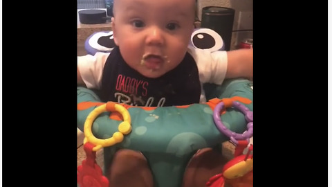Baby boy gets super excited to eat