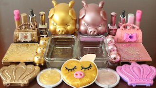 Mixing”GoldPig VS PinkPig” Eyeshadow and Makeup,parts Into Slime!Satisfying Slime Video!★ASMR★