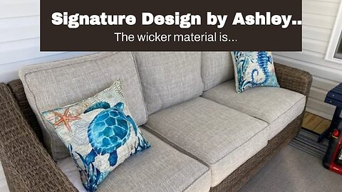 Signature Design by Ashley Beachcroft Outdoor Wicker Patio Sofa with Cushion and 2 Pillows, Bei...